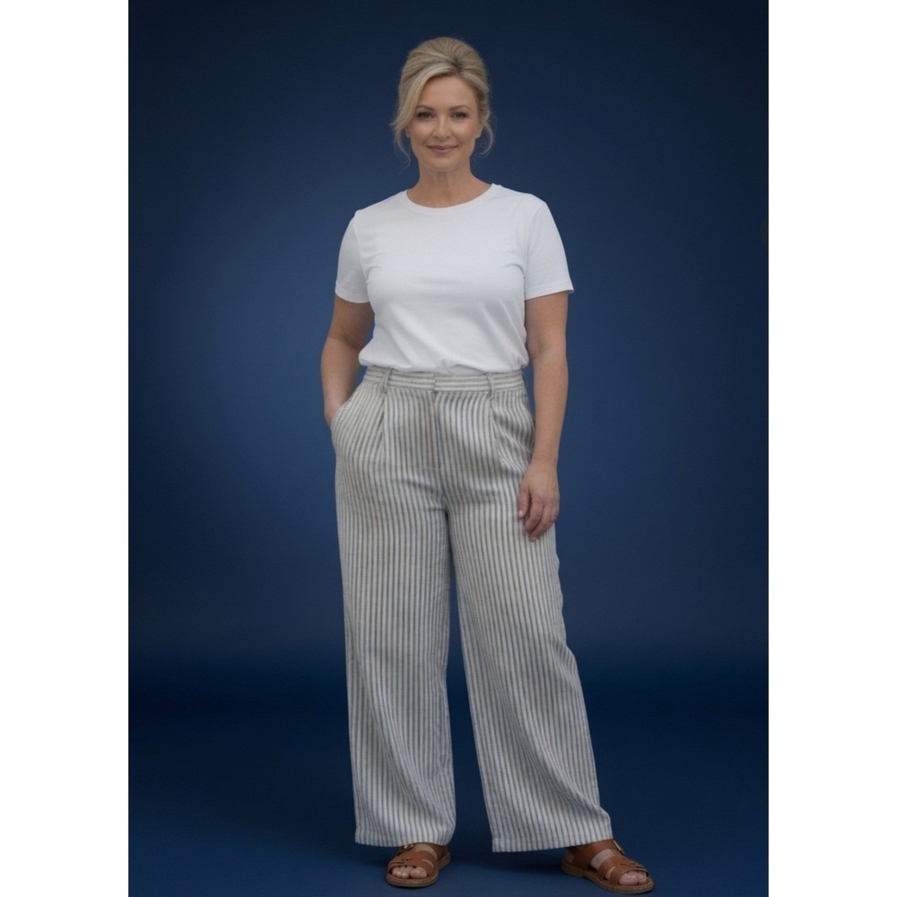 Michael Kors Linen Pants Womens 10 NEW High-Rise Wide Leg Navy White Striped